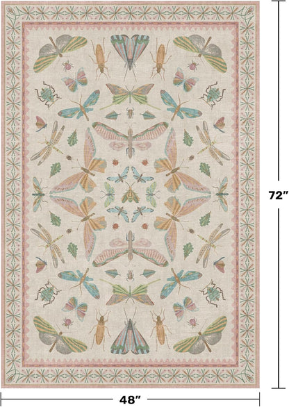 Neutral Girl Nursery Rug 4x6 - Beige & Pink Rugs for Bedroom, Living Room - Washable Low Pile Non-Slip Charming Insect Print Vintage Girly Design, Perfect for Kids Rooms