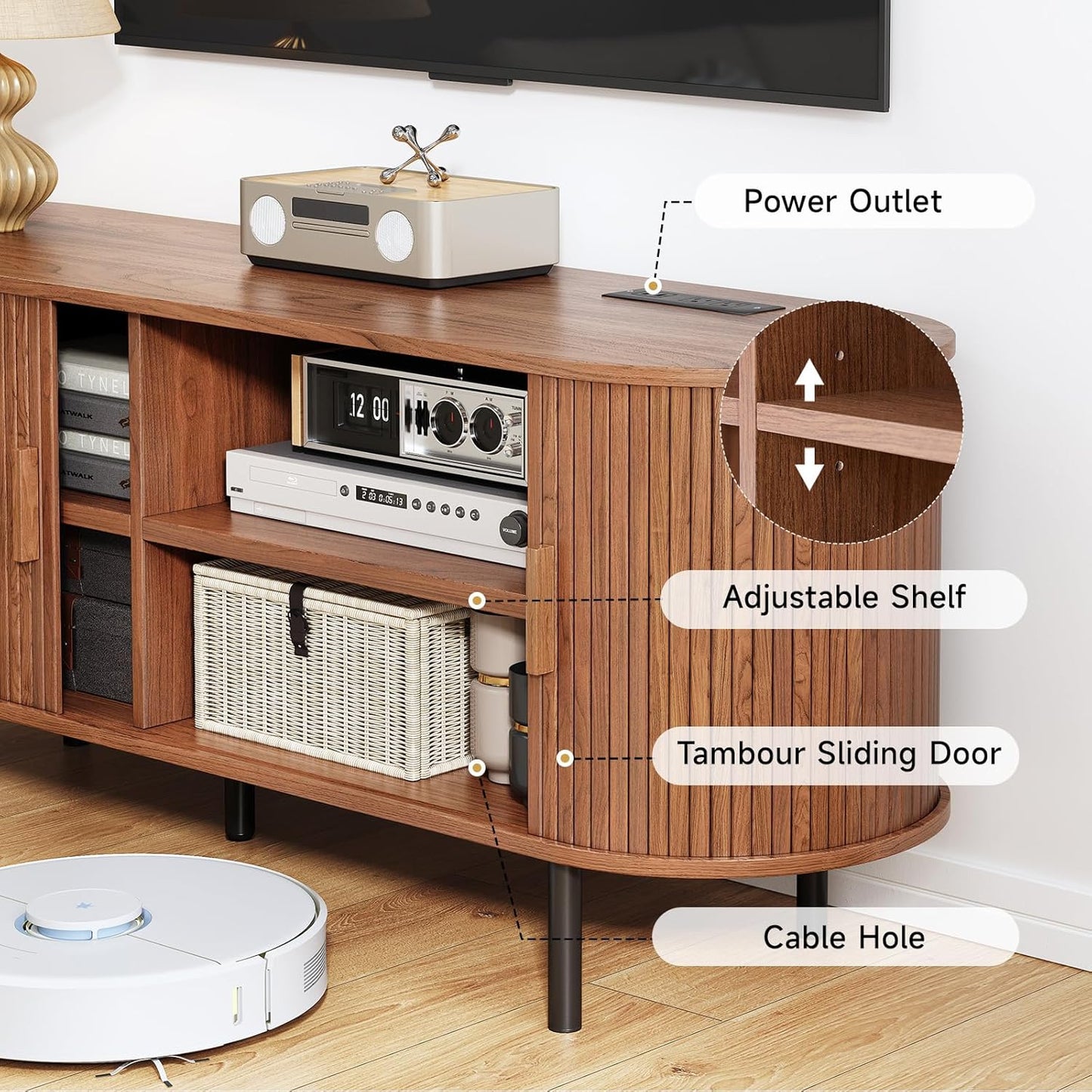 TV Stand with Power Outlet, Mid-Century Modern Television Stand, Media Console with Sliding Doors, Entertainment Center for TVs up to 60 Inch, Adjustable Shelves, Walnut