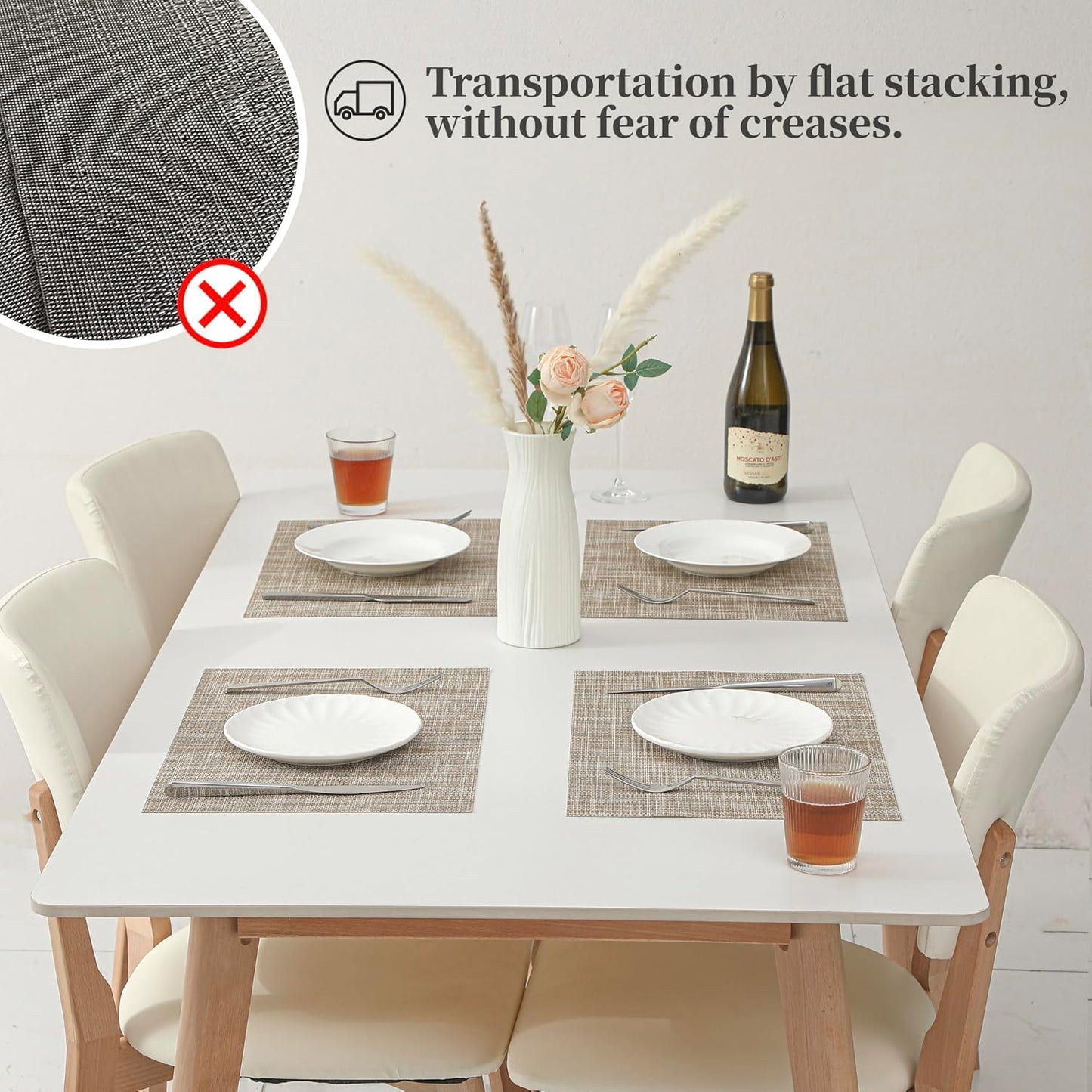 Leetaltree Linen Yellow Placemats Set of 6 - Heat Resistant Non-Slip Place mats for Dining Table, Washable Durable PVC Vinyl Woven Table Mats（Linen Yellow, 6）