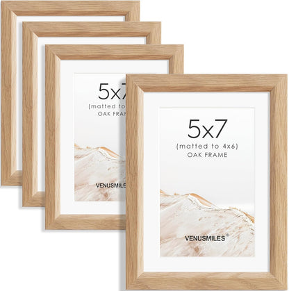 5x7 Picture Frame Set of 4 Natural Solid Oak Photo Frames with 4x6 Removable Mat Wall Hanging Large Handcrafted Frame with HD Plexiglass Wall and Tabletop Display Large Poster Frame