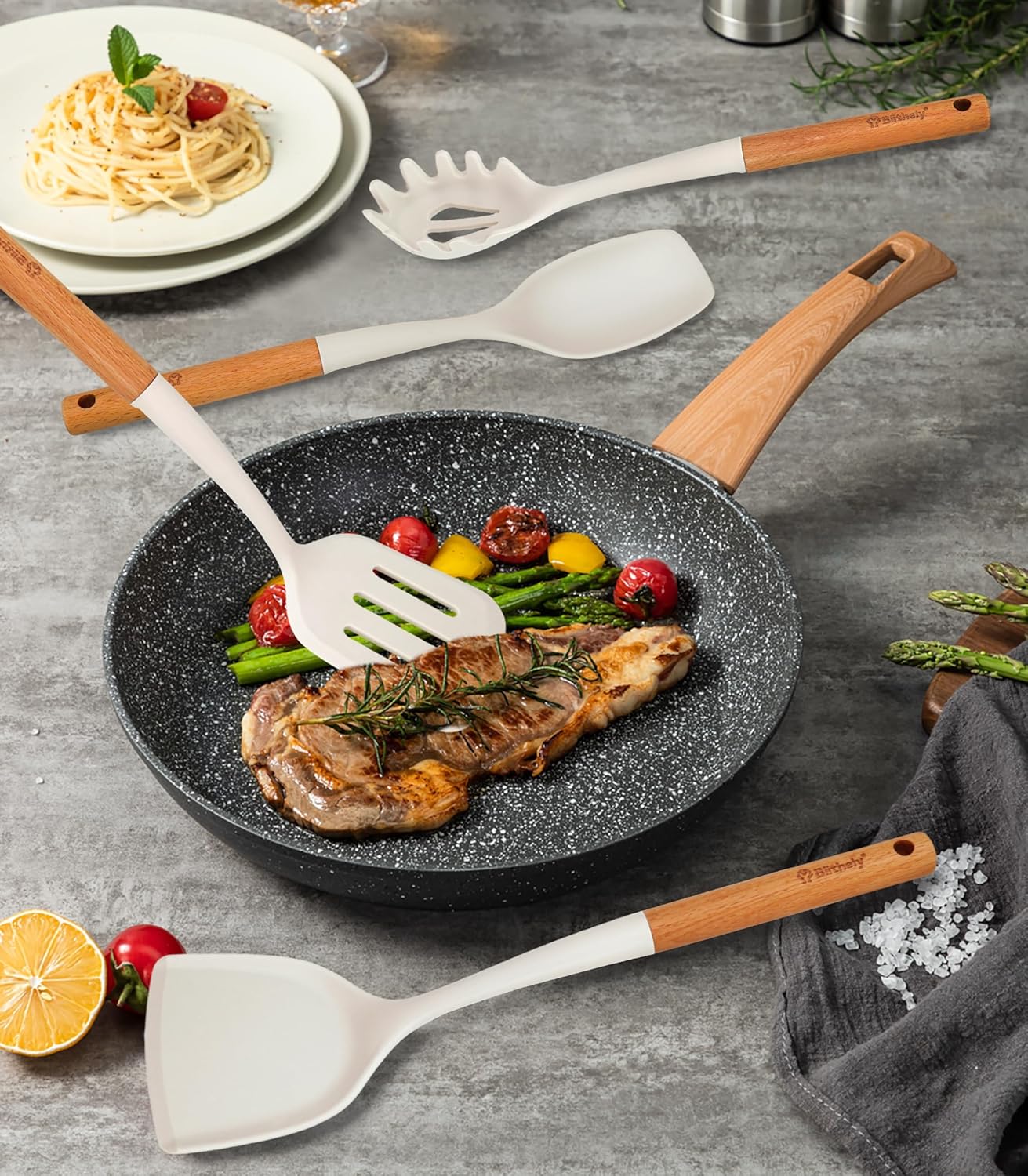 Silicone Cooking Utensils Set, 6 Pack Large Kitchen Utensils Set with Wooden Handle, Heat Resistant Silicone Utensil Spatula Set for Nonstick Cookware, Spatula, Turner, Spoon, Ladle BPA Free (White)