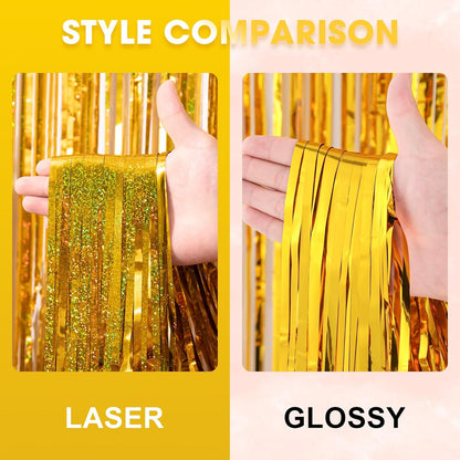 3 Pack 3.3 x 8.2 ft Laser Gold Foil Fringe Backdrop Curtains, Tinsel Streamers Birthday Party Decorations, Fringe Backdrop for Graduation, Baby Shower, Gender Reveal, Disco Party