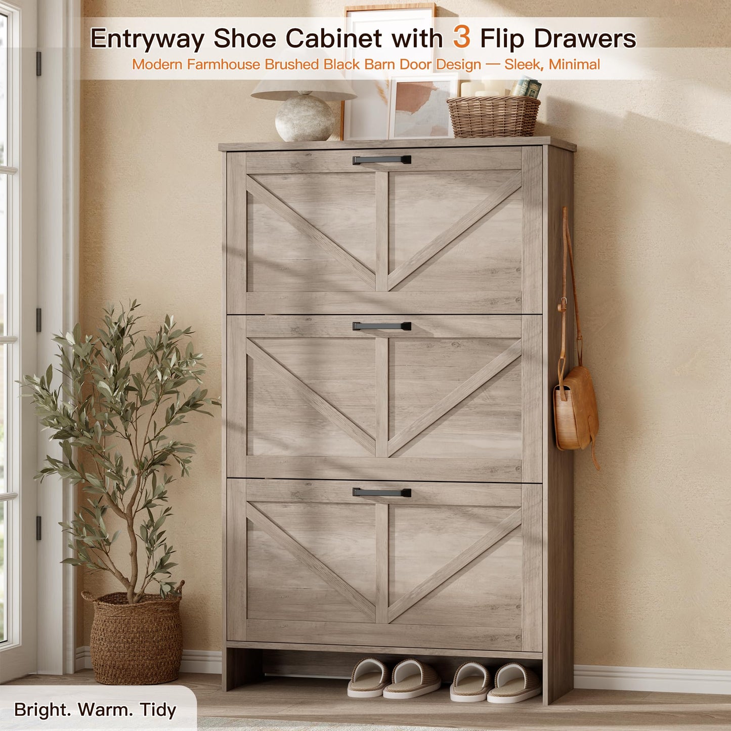 Nicetree Farmhouse Gray Shoe Cabinet – Ultra Slim 3-Drawer Flip Organizer with Shaker Barn Door