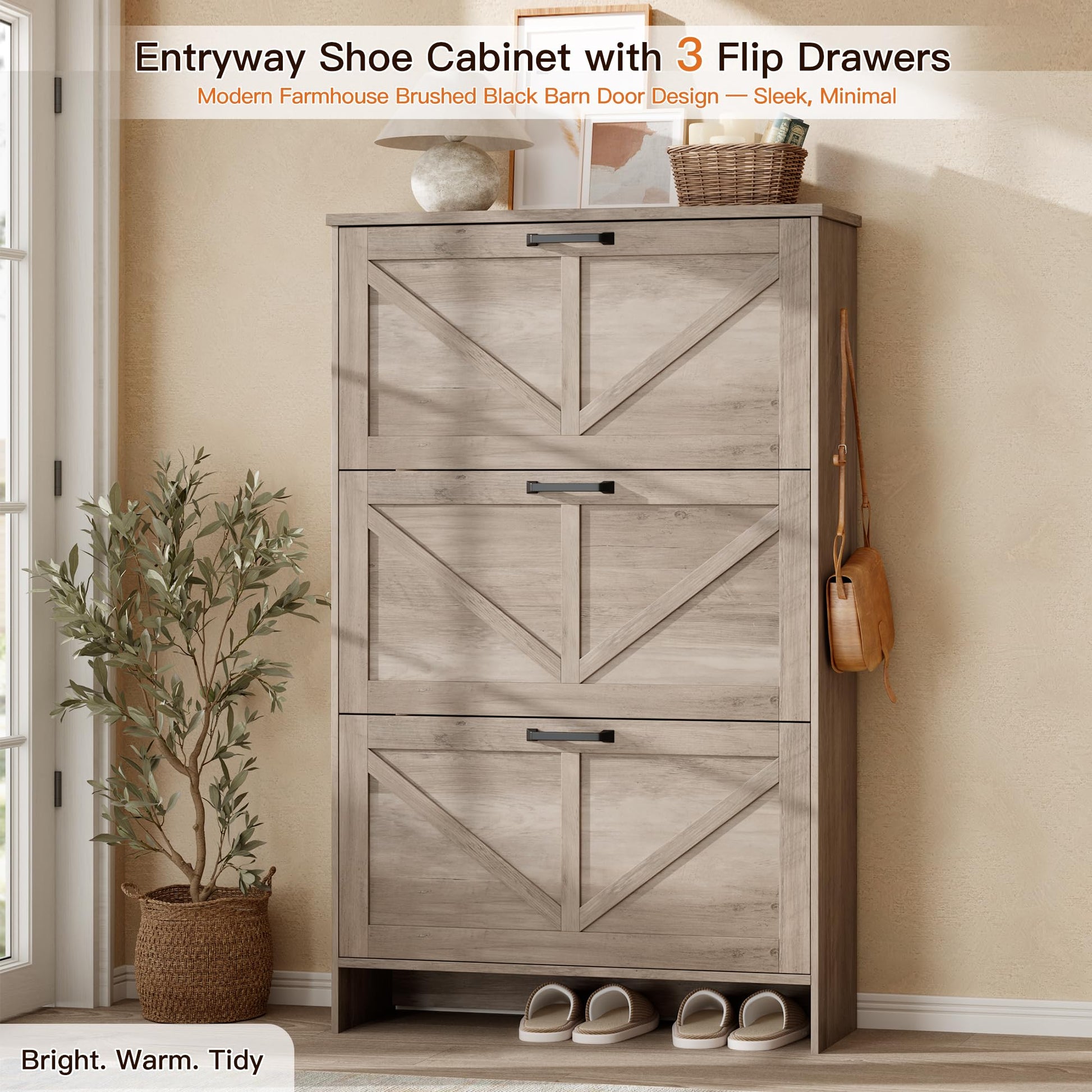 Nicetree Farmhouse Gray Shoe Cabinet – Ultra Slim 3-Drawer Flip Organizer with Shaker Barn Door