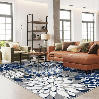 Indoor Outdoor Area Rug Washable Multicolored Patio Rug Tropical Botanical Modern Floral Indoor Outdoor Carpet Blue White Rug Non Slip for Patio, Deck, Backyard, Porch (9x12)