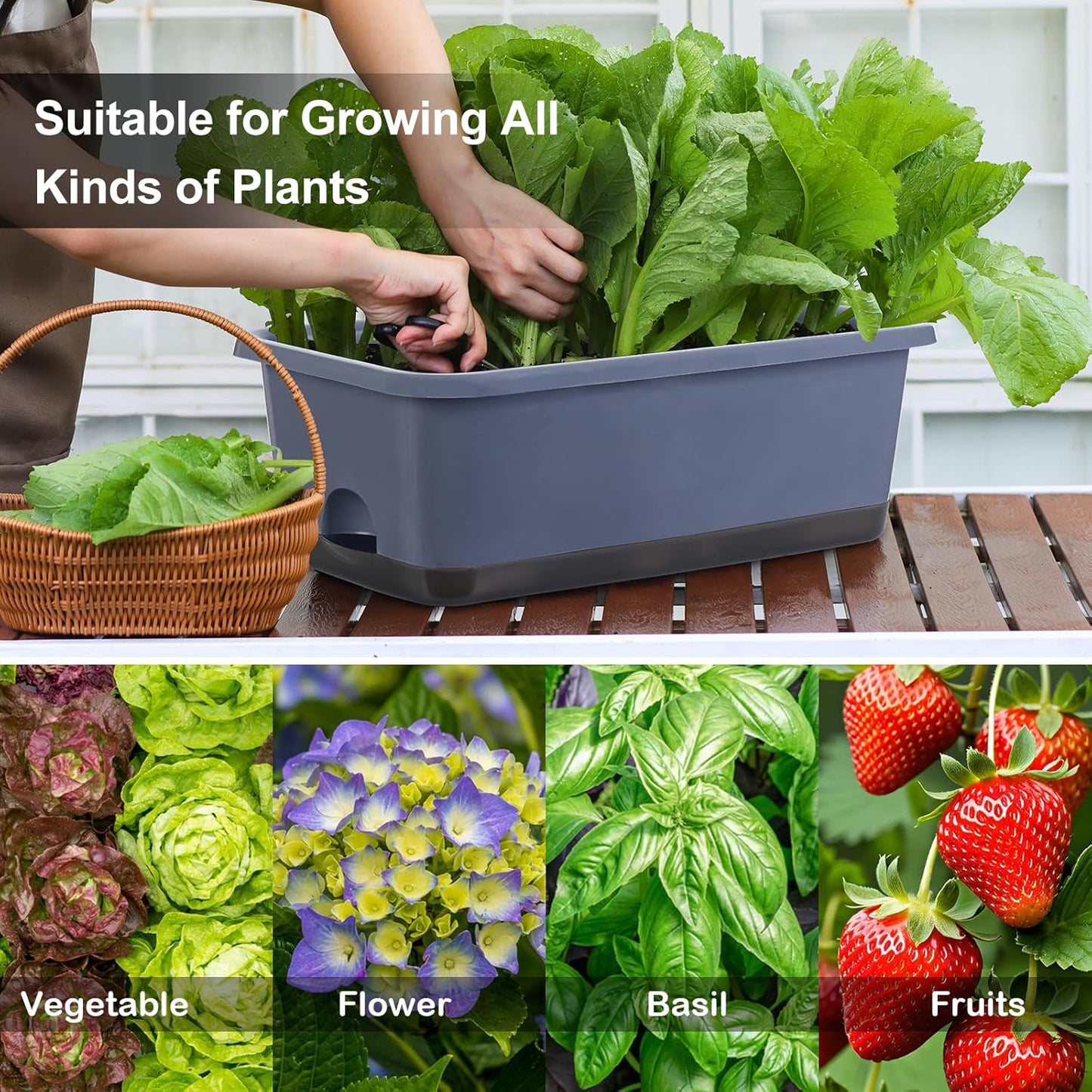 Window Box Planter 8 Pcs, 17 Inches Rectangle Flower Pots with Drainage Holes and Trays, Vegetable Planters for Windowsill Patio Garden Balcony Home Porch Yard Indoor Outdoor (Grey)