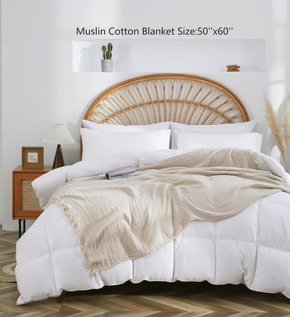 100% Cotton Muslin Throw Blanket for Bed, Couch, Small, Decorative, Soft, Pre-Washed, Breathable and Lightweight Gauze Blanket with Tassels, Suitable for All Seasons, Beige, 50"x60"