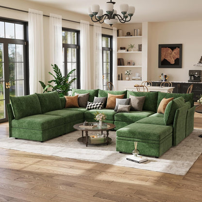 134.6" Modular Sectional Sofa, U Shaped Couch Set for Living Room, Large 8-Seater Comfy Cloud Couches with Movable Storage Ottoman,DIY Combination - Chenille Green