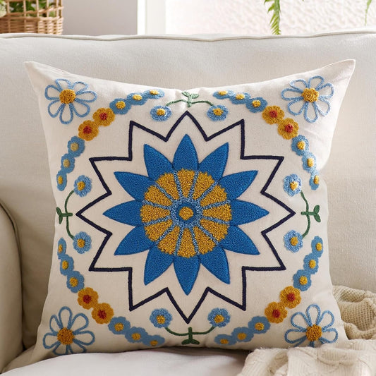 Embroidered Throw Pillow Cover 18x18 Classic Boho Floral Pattern Pillows Cover Outdoor Decorative Pillowcase,Durable Cozy Textured Cushion Case for Sofa Couch Bed Living Room,Blue Orange