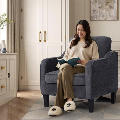 Accent Chairs Set of 2, Upholstered Living Room Chairs with Side Pockets, Mid Century Modern Reading Chair for Bedroom, Comfy Armchair Single Sofa Side Chair for Office, Small Room, Dark Grey