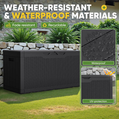 Greesum 100 Gallon Resin Deck Box Lockable Large Outdoor Storage Boxes for Garden Tools, Patio Furniture Cushions, Pool Supplies, Black