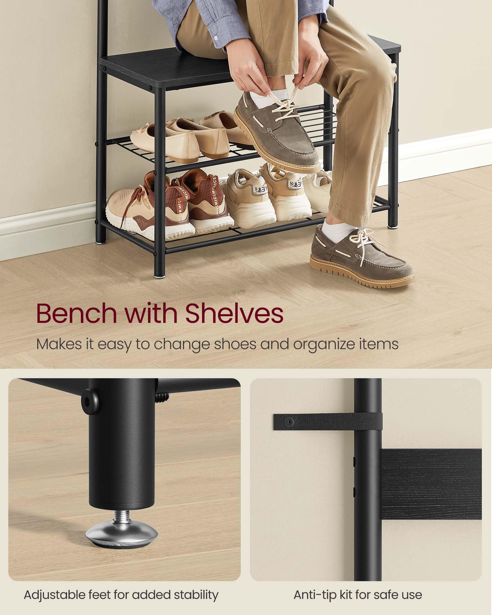 VASAGLE Coat Rack, Hall Tree with Shoe Storage Bench, Entryway Bench with Shoe Storage, 3-in-1