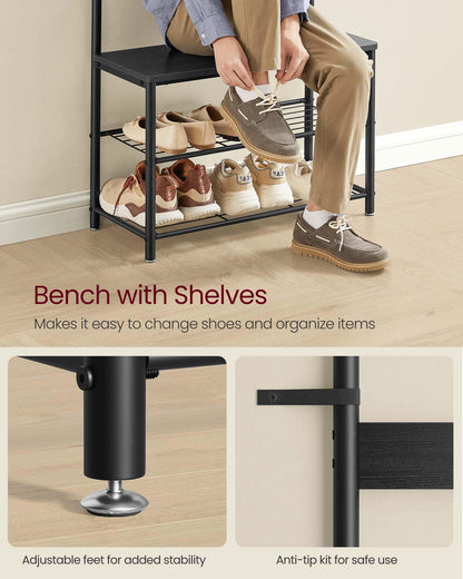 VASAGLE Coat Rack, Hall Tree with Shoe Storage Bench, Entryway Bench with Shoe Storage, 3-in-1