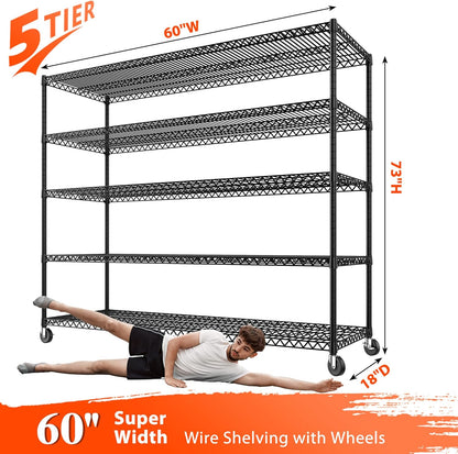 REIBII Storage Shelves 3200 LBS Capacity Wire Shelving with Wheels Heavy Duty Metal Shelf for Warehouses, Garage,Kitchens, School,Commercial Shelf, 73" H X 60" W X 18" D, 2 Pack