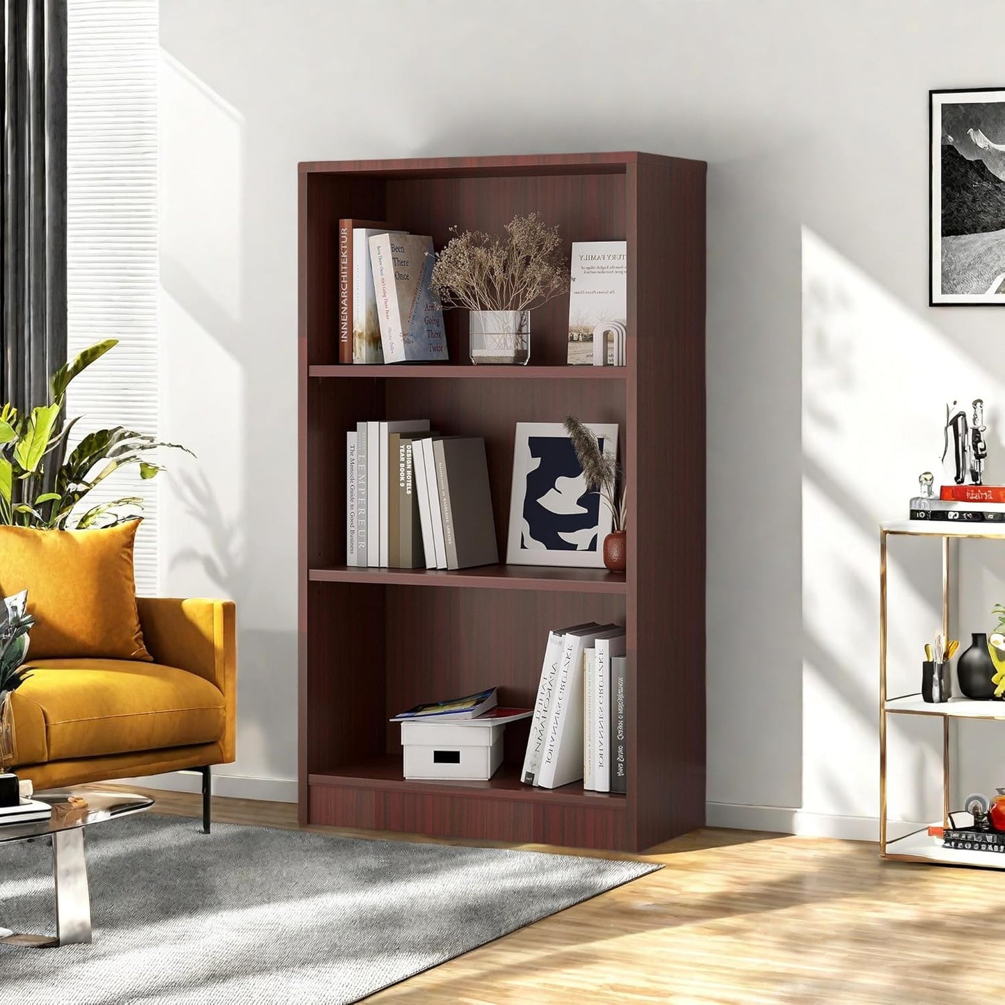 Bookshelf, Open Modern Bookshelf, 3 Shelf Bookcase with Freestanding Display Storage, Wooden Book Shelf for Bedroom, Living Room, Dinning Room, Office,Deep Brown