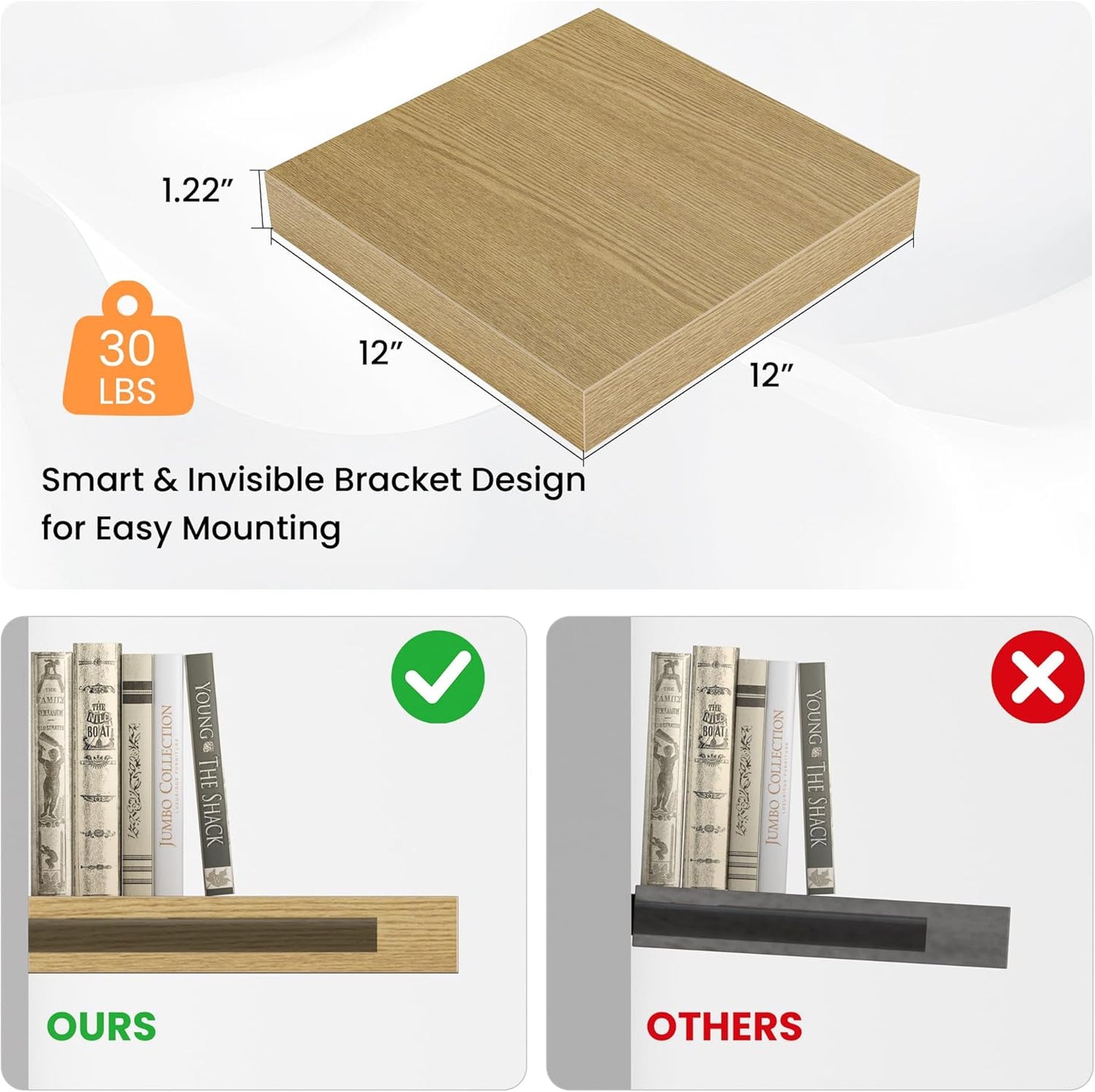 Square Floating Shelves for Wall, 12" W x 12" D x 1.2" H, Small Wooden Wall Mounted Display Shelves with Invisible Brackets for Living Room, Bedroom, Bathroom, Kitchen Decor, Set of 3, Oak