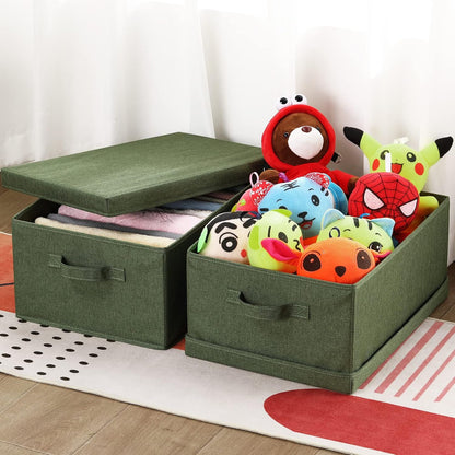 HOONEX Storage Bins with Lids for Organizing, Pack of 2, Storage Boxes with 2 Carrying Handles and Sturdy Heavy Cardboard, 16.5" L x 11.8" W x 7.5" H for Shoes, Books, Clothes, Olive