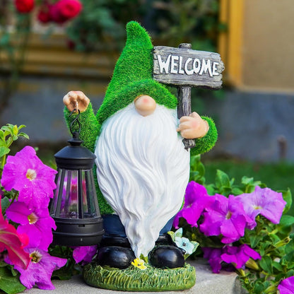Solar Gnome Outdoor Garden Fall with Solar Lantern - 11’’Halloween Autumn Welcome Gnomes Decorations for Yard Patio (Green & White)