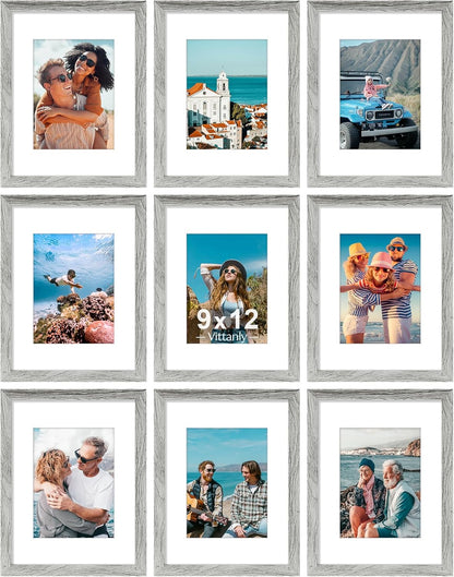 Vittanly 9x12 Picture Frames Set of 9, Shatter Resistant Plexiglass, Display 6x8 Pictures with Mat or 9x12 without Mat, Photo Frames for Wall or Tabletop, Engineered Wood, Grey