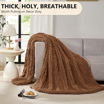 L'AGRATY Chunky Knit Blanket Throw: 72''x84'' Chenille Chunky Knitted Throw Blanket for Bed Couch - Handmade Thick Big Cable Knit Blanket - Large Chunky Crochet Rope Blanket for Home Decor(Brown)