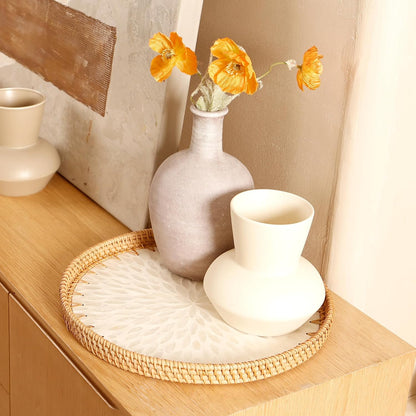 Round Rattan Tray with Mother of Pearl Inlay & Wooden Base - Decorative Wicker Serving Tray for Coffee/Bread/Fruits, Food Storage & Display - Multipurpose Home Decor (M,White Leaves)