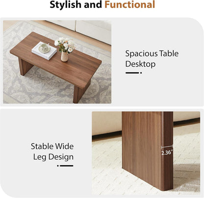 Rectangular Fluted Coffee Table, Farmhouse Wood Coffee Table Mid Century Modern Center Table Boho Living Room Tables for Living Room Office (Walnut, 19.69" D x 43.3" W x 17.72" H)