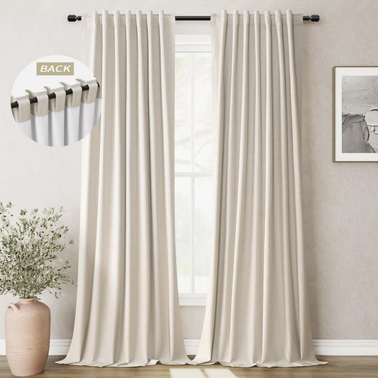BOODII Greyish Beige 120 Inch Long Blackout Curtains for Living Room Linen Blend Back Tab Neutral Modern Room Darkening Curtains Thermal Insulated Black Out Curtain for High French Window Light Taupe