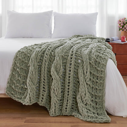 Esterra Chunky Knit Blanket Throw 50"x60", 100% Hand Knitted Chenille Throw Blanket, Cozy Soft Thick Cable Knit Throw Large Rope Knot Crochet Throw Blanket for Sofa Couch Bed, Sage Green