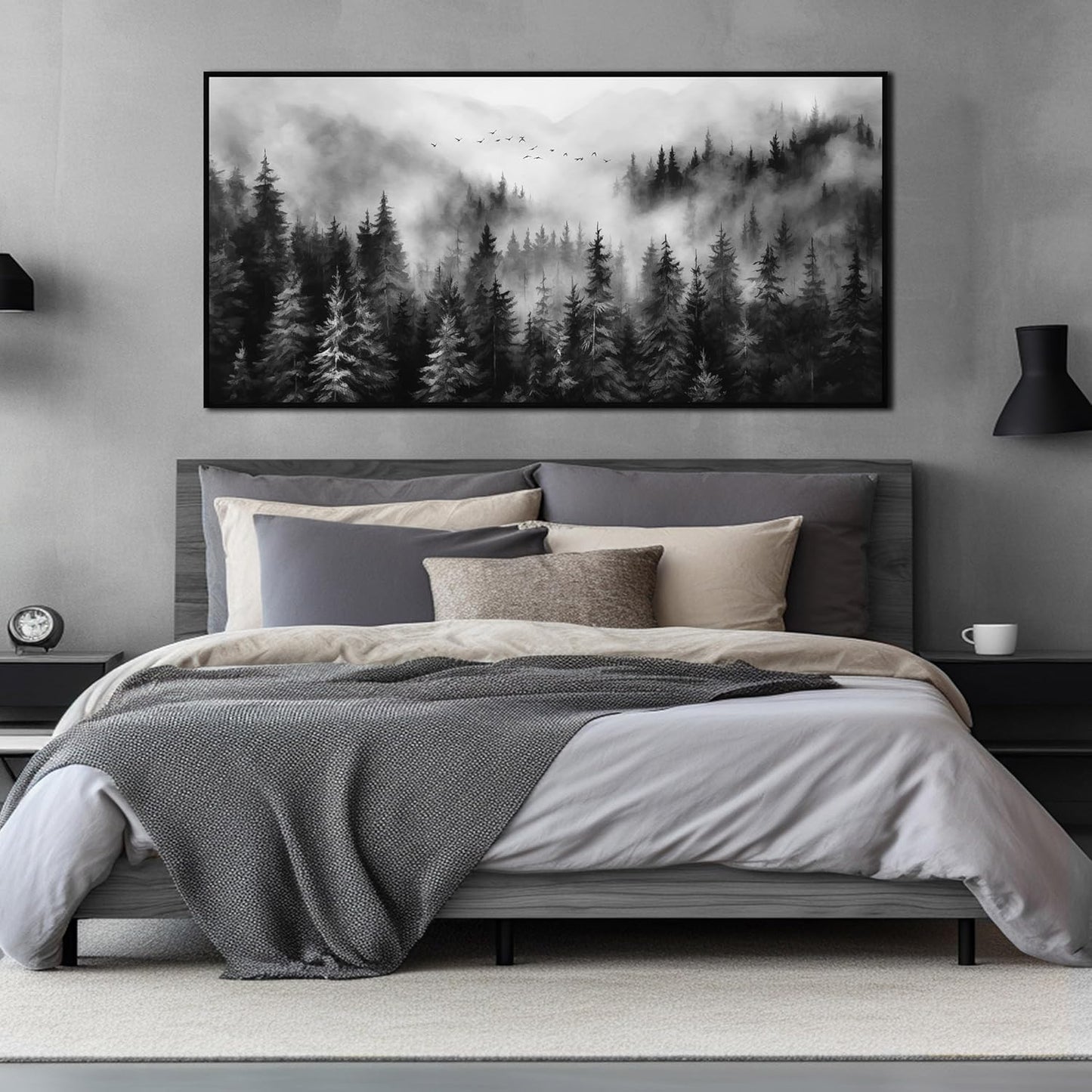 Foggy Forest Wall Art for Living Room Black and White Pictures for Wall Home Office Wall Decor with Black Frame 29 x 58 Inch