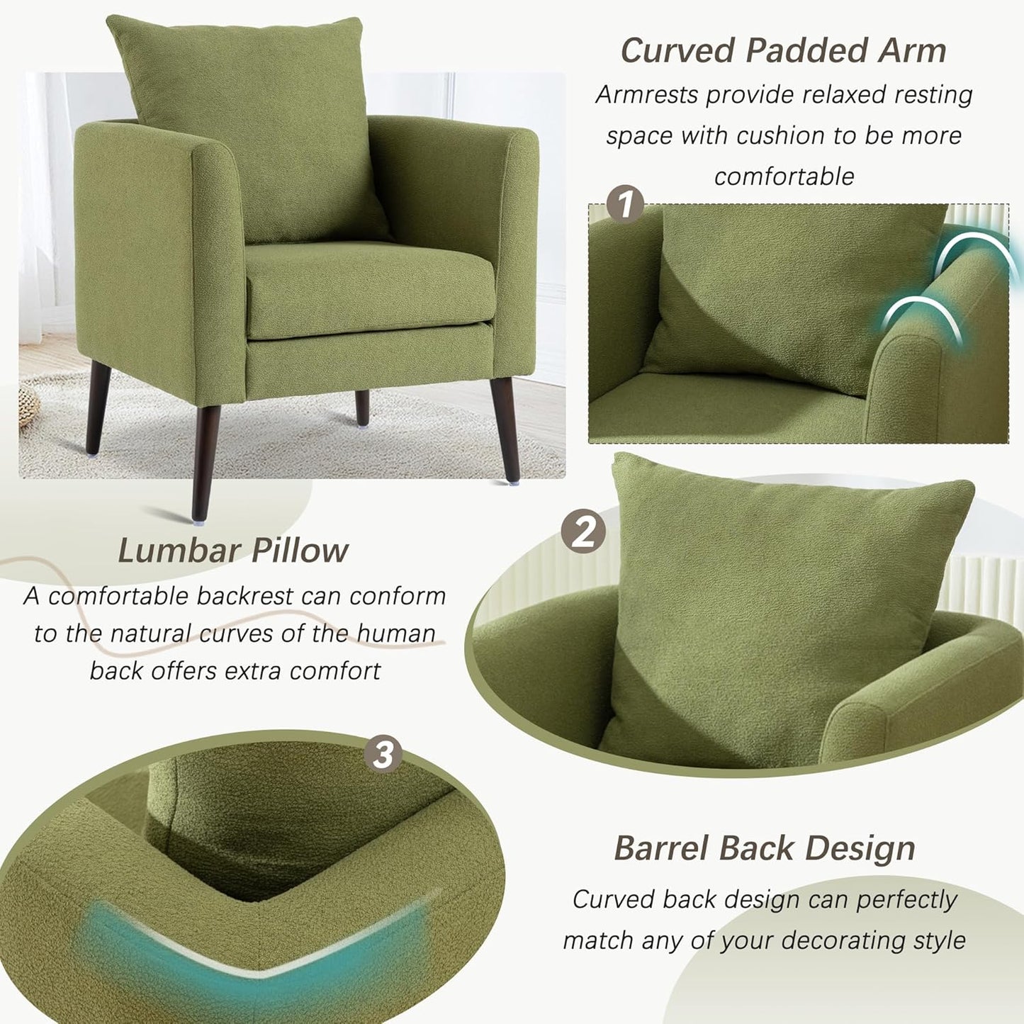 Barrel Accent Chair with Back Pillow, Large Upholstered Armchair with Solid Wood Legs Modern Reading Chairs for Living Room Bedroom