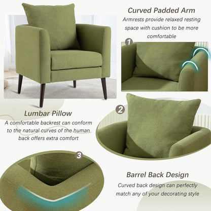 Barrel Accent Chair with Back Pillow, Large Upholstered Armchair with Solid Wood Legs Modern Reading Chairs for Living Room Bedroom