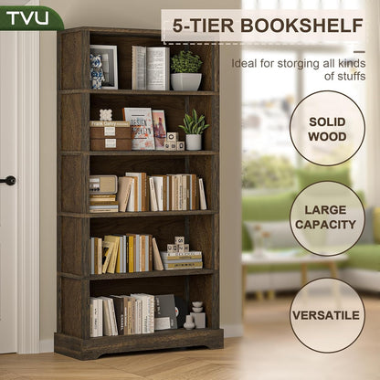 TVU 5-Shelf Wood Bookcase, 65 Inch Tall Bookshelf with Storage, Floor Standing Display Book Shelf, for Living Room Bedroom Study Office, Rustic Brown
