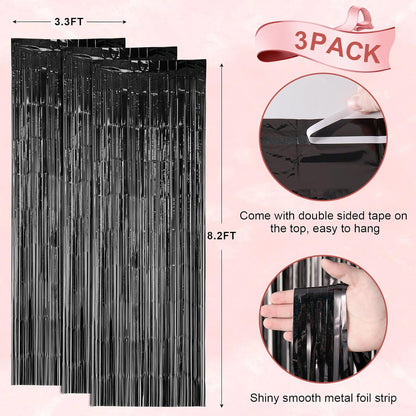 3 Pack 3.3 x 8.2 ft Laser Black Foil Fringe Backdrop Curtains, Tinsel Streamers Birthday Party Decorations, Fringe Backdrop for Graduation, Baby Shower, Gender Reveal, Disco Party