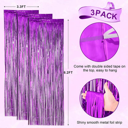 3 Pack 3.3x8.2 Feet Purple Foil Fringe Backdrop Curtains, Tinsel Streamers Birthday Party Decorations, Fringe Backdrop for Graduation, Baby Shower, Gender Reveal, Disco Party