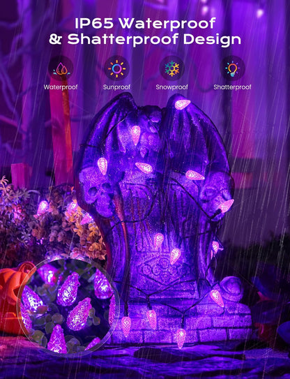 Brightown Solar Operated C6 Halloween Outdoor Lights, 22.64ft 50 LEDs Purple Halloween Lights, Strawberry LED Fairy Lights, Solar Waterproof String Light for Tree, Garden Decor Outdoor Decorations