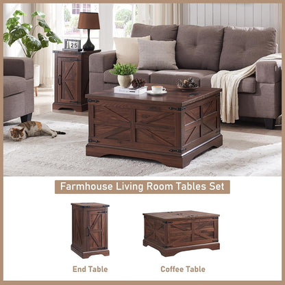 JXQTLINGMU Farmhouse Nightstand Set of 2 with Charging Station, 17" D Rectangular End Table with Barn Door & Adjustable Storage Shelf, Wood Rustic Sofa Side Table for Living Room, Bedroom, Brown