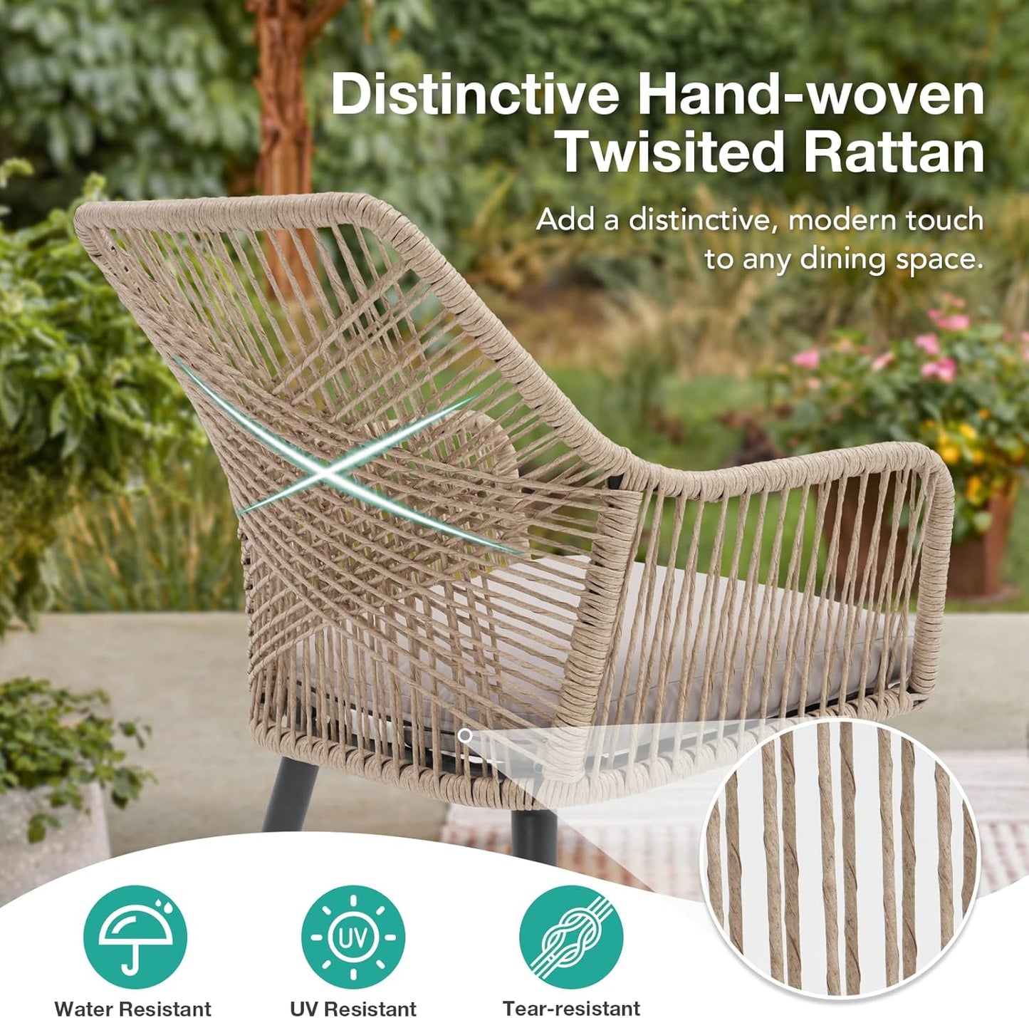 Patiorama Patio Dining Chair Set of 2, Woven Rope Outdoor Dining Chairs w/Steel Frame, All-Weather Twisted Rattan Chairs w/Armrest & Cushion, Outdoor Dining Wicker Chairs for Backyard Garden(Beige)