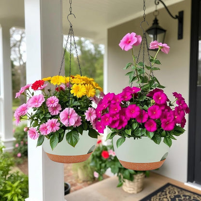 2 Pack Hanging Planters for Indoor Outdoor Plants, 12 Inch Self Watering Hanging Pot with Drainage Holes and Saucer, Plastic Plant Pots, Green Brown Flower Pots for Kitchen, Balcony, Garden