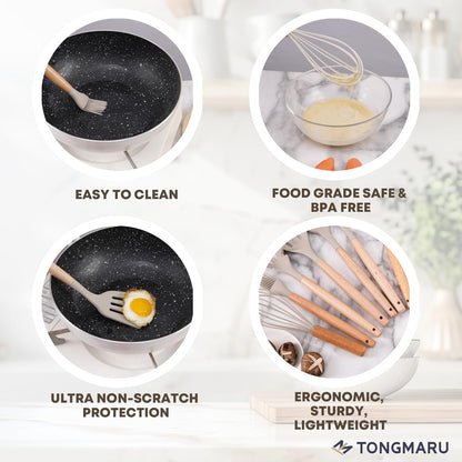 Silicone Cooking Utensils Set, Premium Beech Wood Handle Kitchen Gadgets Utensil Set, Non-Stick Kitchen Utensils Spatula, Tongs, Turner, Whisk, Brush, Spoon, BPA FREE, 446°F Resistant (Khaki)