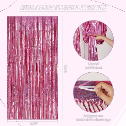 3 Pack Foil Fringe Backdrop - Laser Pink Shiny Tinsel Curtains for Party Decoration/Photo Booth Props - 3.3x8.2 FT Metallic Foil Backdrop for Birthday, Wedding, Graduation, Christmas.