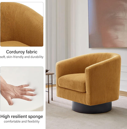 Swivel Barrel Accent Chair, Modern Round Corduroy Fabric Arm Chair for Living Room, Bedroom, Comfy Club Reading Chairs for Adults, Corduroy Orange, Set of 2