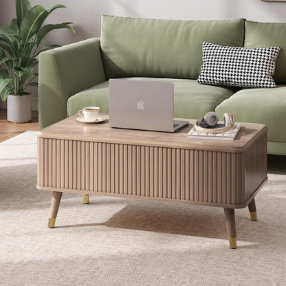 Lift Top Coffee Table with Storage Shelf & Hidden Compartment, Mid Century Modern Fluted Rectangle Dining Table for Living Room, Home Office, Natural Oak