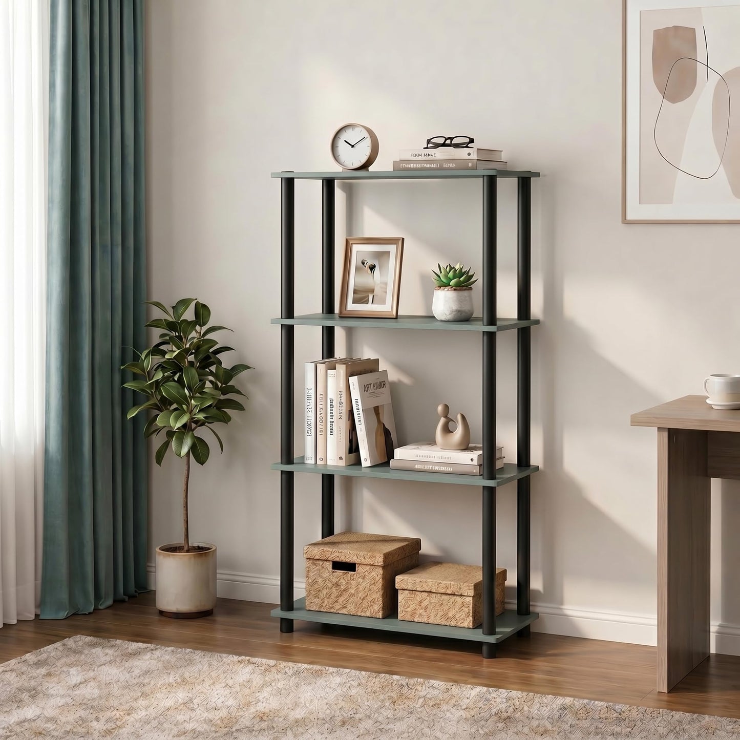 Furinno Turn-N-Tube Storage Shelves, 4-Tier Book Shelf, Corner Shelf, Toolless Open Shelves, for
