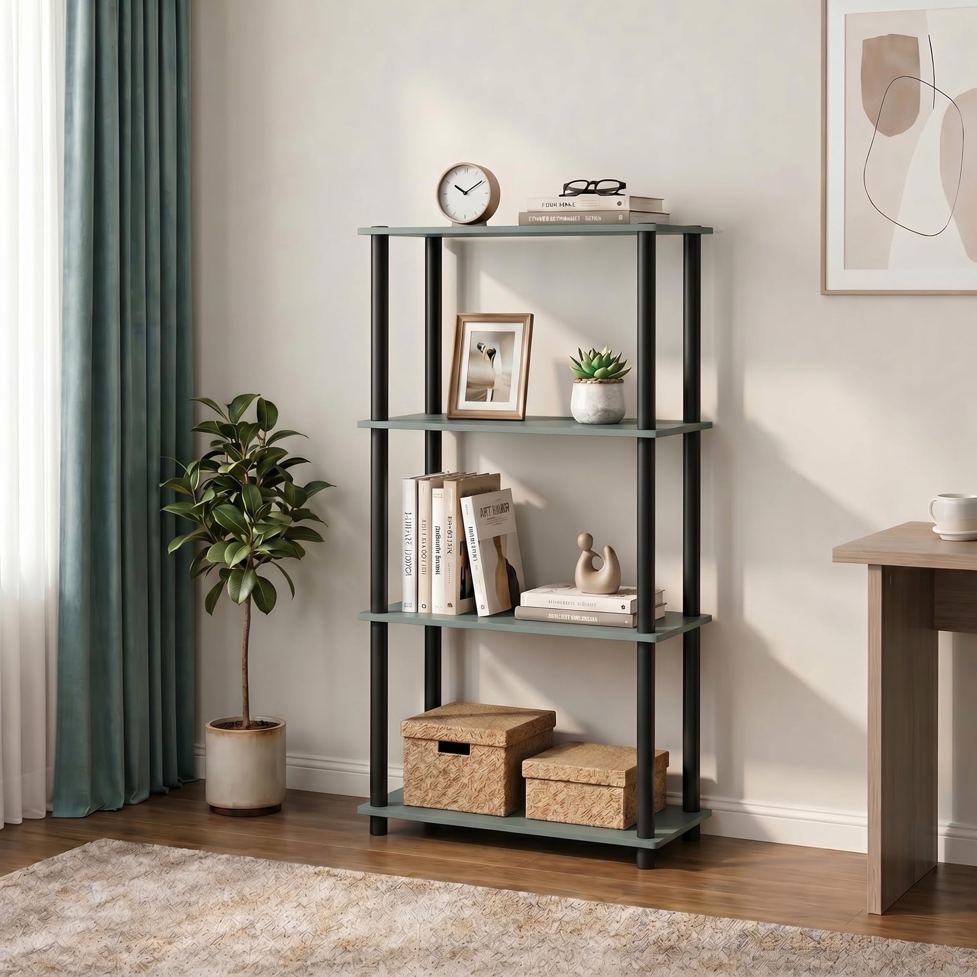 Furinno Turn-N-Tube Storage Shelves, 4-Tier Book Shelf, Corner Shelf, Toolless Open Shelves, for