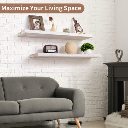 Axeman Floating Shelves for Wall, 8 Inch Deep Rustic Solid Elm Wood Wall Shelves for Storage, Wall Mounted Display Shelving with Invisible Heavy-Duty Metal Bracket, 36'' Width Set of 2, White Wash