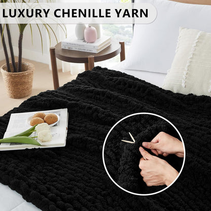 L'AGRATY Chunky Knit Blanket Throw: Soft Chenille Yarn Throw Blanket 60x80 - Handmade Thick Cable Crochet Blanket - Large Chunky Rope Throw Blanket for Couch Sofa Bed Home Decor(Black)
