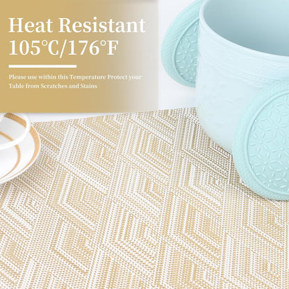 Vinyl Plastic Placemats Set of 6 Washable Heat Resistant Non-Slip Elegant Indoor Outdoor Kitchen Dining PVC Woven Table Place Mats (Gold Yellow Rhombus)