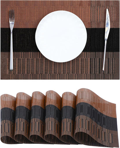 Leetaltree Brown with Black Striped Placemats Set of 6 - Heat Resistant Non-Slip Place mats for Dining Table, Washable Durable PVC Vinyl Woven Table Mats（Brown Stripe, 6）