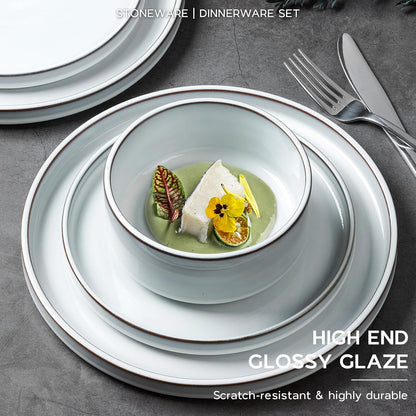 Onader Dinnerware Dishes Sets for 8, Stoneware Plates and Bowls with Unglazed Terracotta Bottom, Ceramic Kitchen Dinner Dish Set, 24 Piece - Glacier White