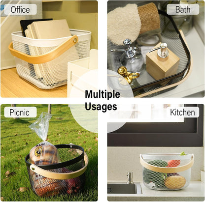 Metal Mesh Steel Basket, Garden Harvest Basket for Gathering Vegetables Round Wire Basket with Handle Storage Organizer Multi-functional Hanging Fruit Basket for Kitchen Bathroom Picnic